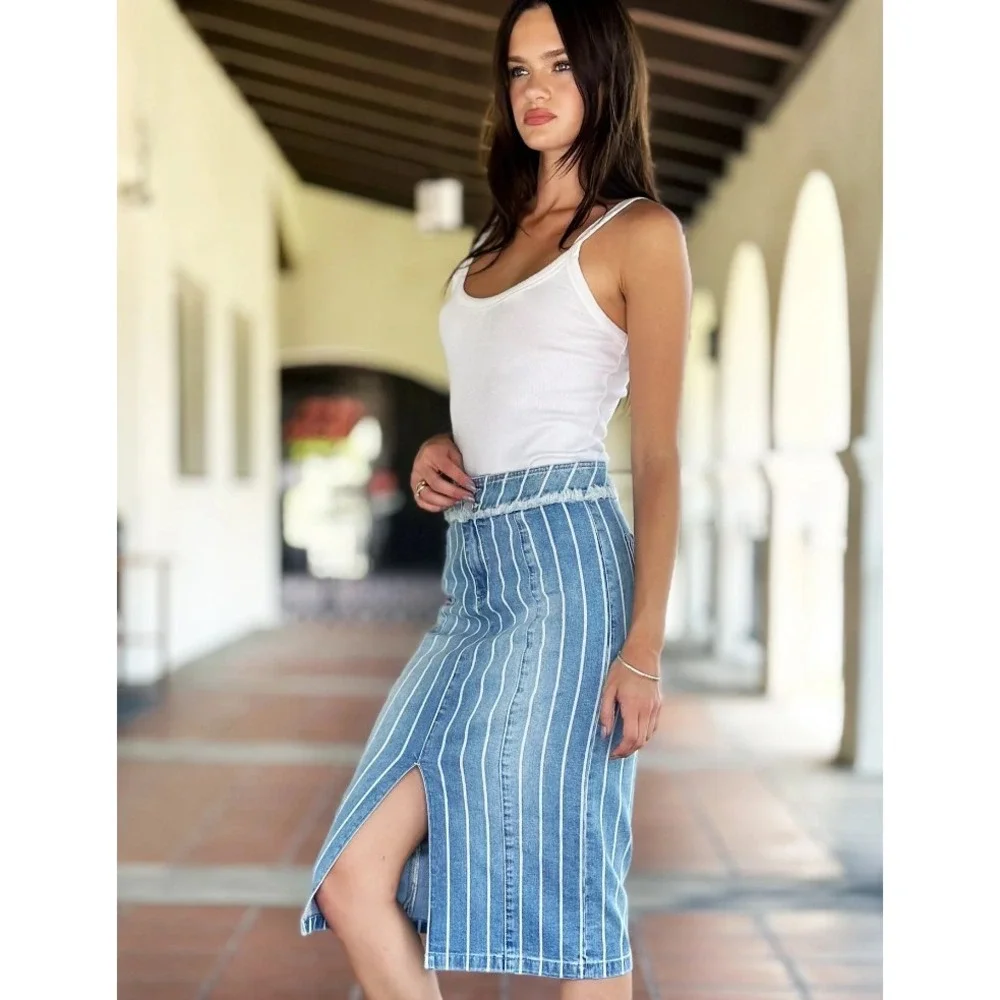 NWT Wash Lab Sally‎ Classic Stripes Midi Skirt Women's 27 Striped Denim